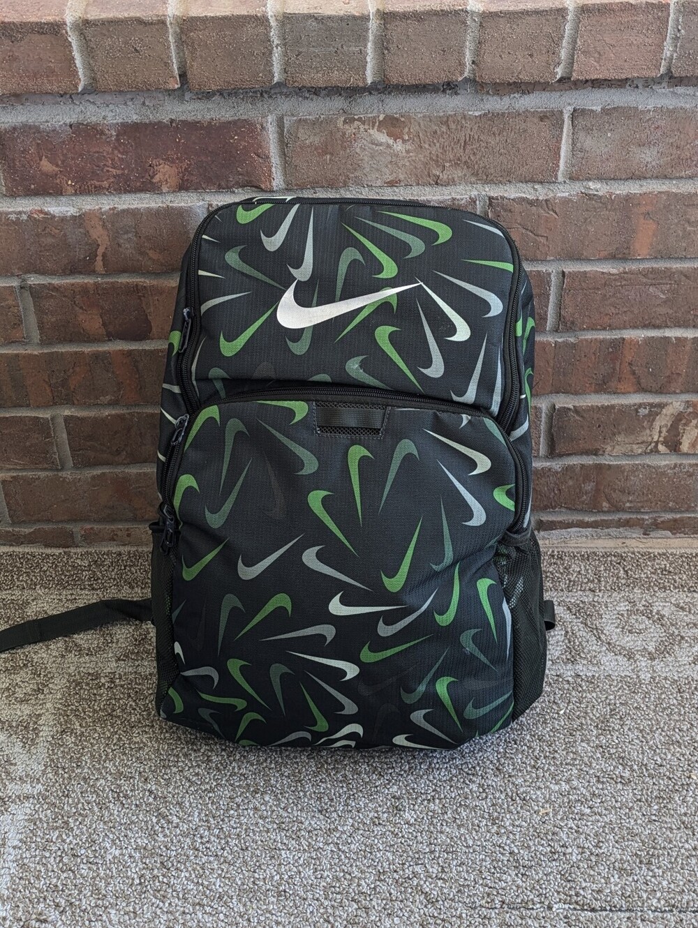 Nike Brasilia 9.5 AOP Backpack Black Green Swoosh Printed Graphic Book Bag